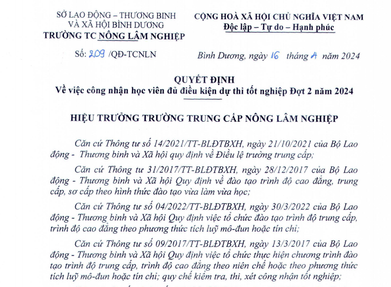 Quyết định công nhận học viên đủ điều kiện dự thi tốt nghiệp đợt 2 năm 2024